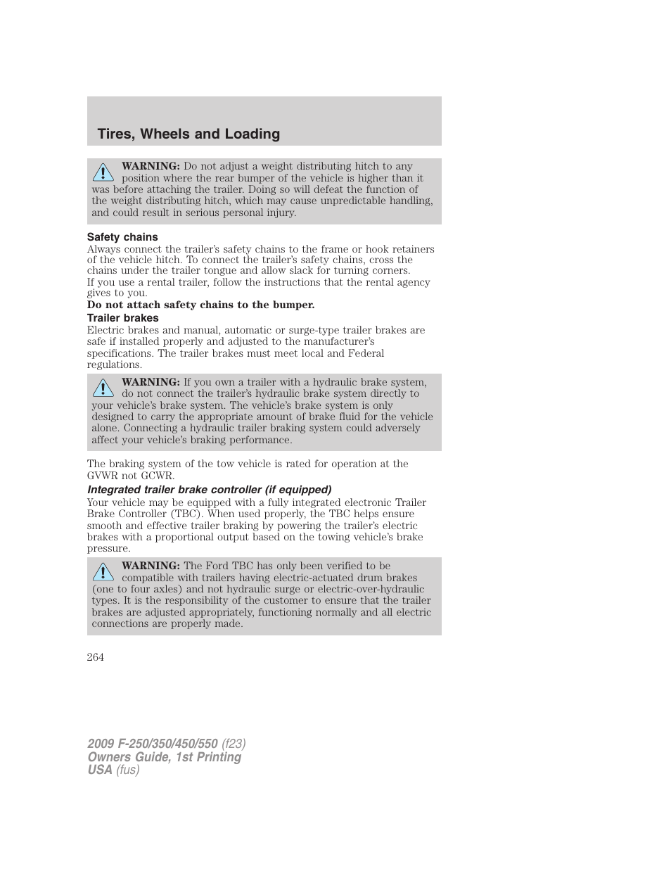 Safety chains, Trailer brakes, Integrated trailer brake controller (if equipped) | Trailer brake controller-integrated, Tires, wheels and loading | FORD 2009 F-550 v.1 User Manual | Page 264 / 418