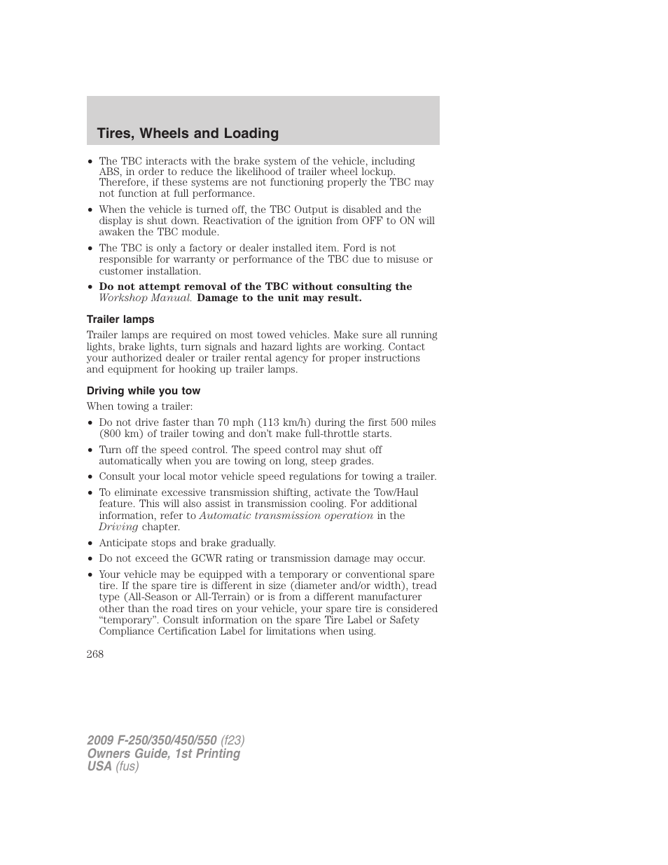 Trailer lamps, Driving while you tow, Tires, wheels and loading | FORD 2009 F-550 v.1 User Manual | Page 268 / 418