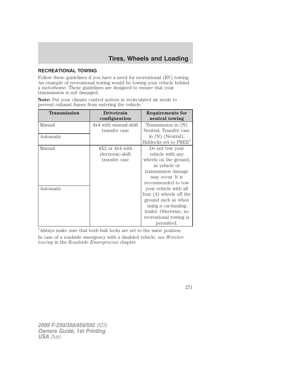 Recreational towing, Tires, wheels and loading | FORD 2009 F-550 v.1 User Manual | Page 271 / 418