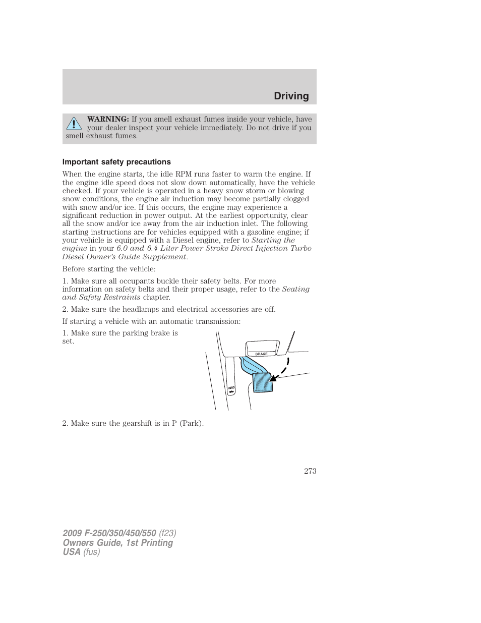 Important safety precautions, Driving | FORD 2009 F-550 v.1 User Manual | Page 273 / 418