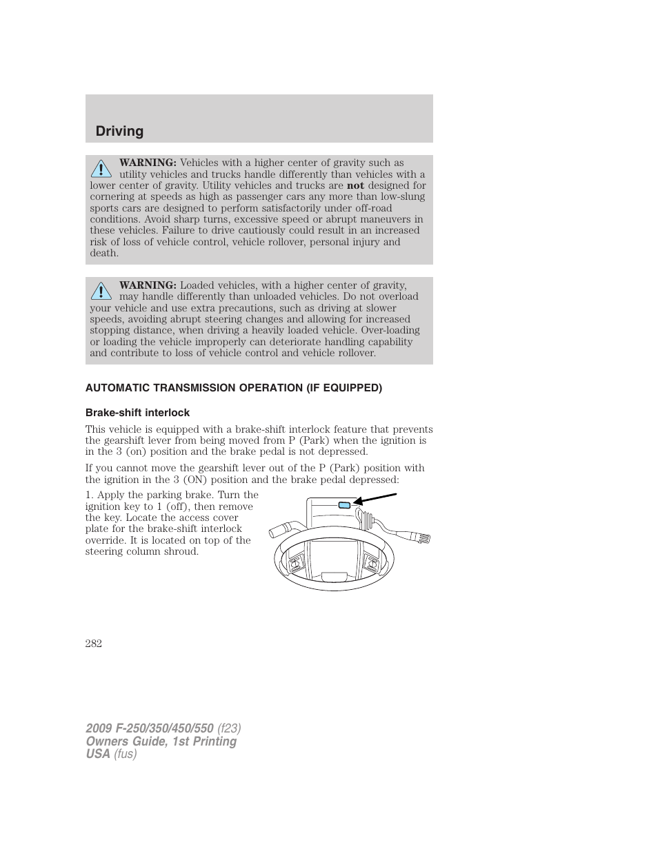 Automatic transmission operation (if equipped), Brake-shift interlock, Transmission operation | Driving | FORD 2009 F-550 v.1 User Manual | Page 282 / 418