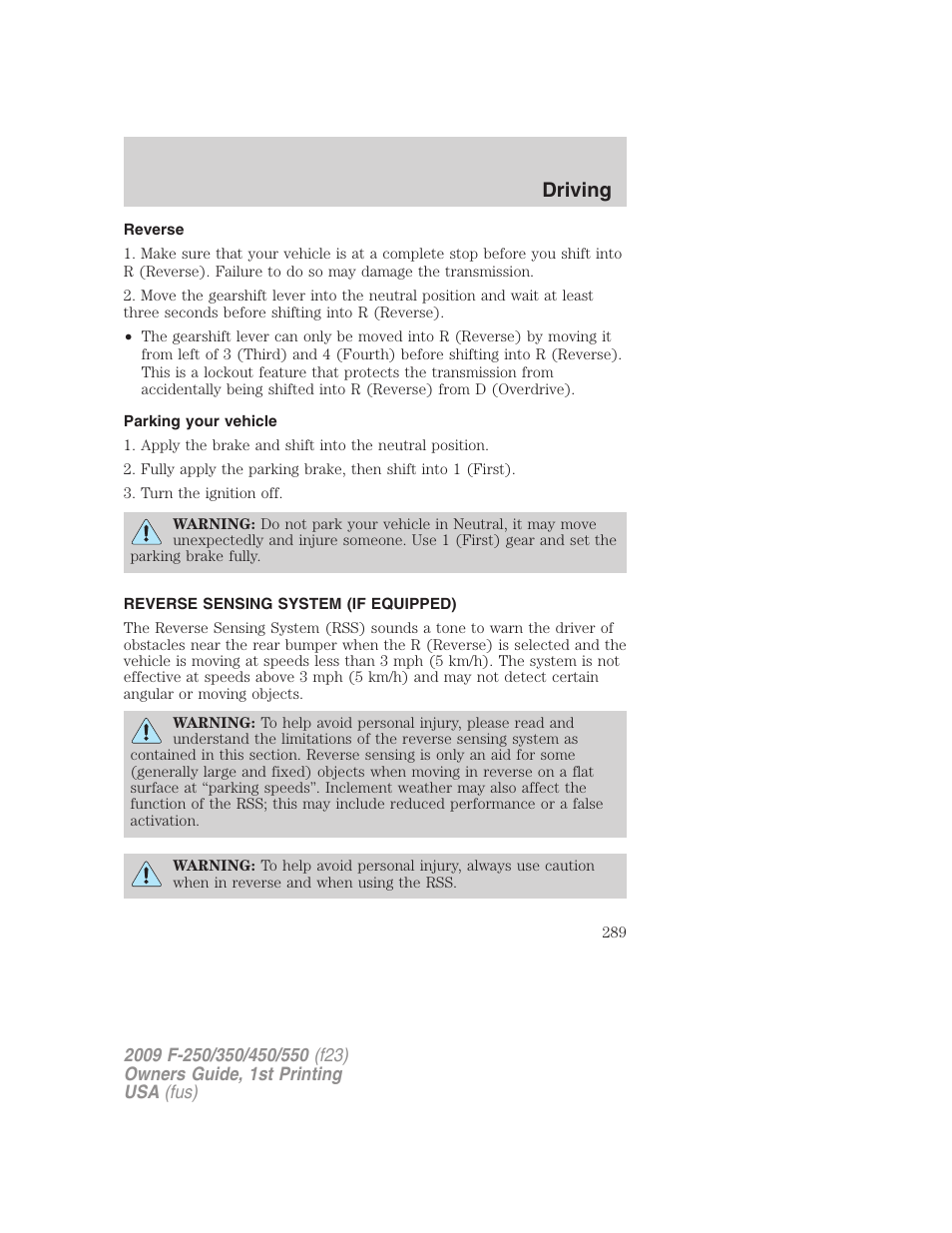 Reverse, Parking your vehicle, Reverse sensing system (if equipped) | Reverse sensing system, Driving | FORD 2009 F-550 v.1 User Manual | Page 289 / 418