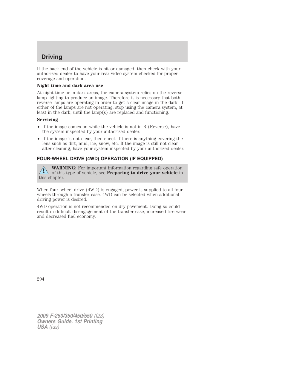 Four-wheel drive (4wd) operation (if equipped), Driving | FORD 2009 F-550 v.1 User Manual | Page 294 / 418