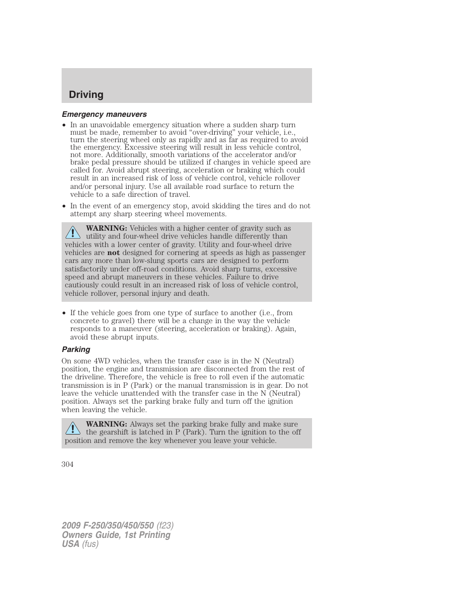 Emergency maneuvers, Parking, Driving | FORD 2009 F-550 v.1 User Manual | Page 304 / 418