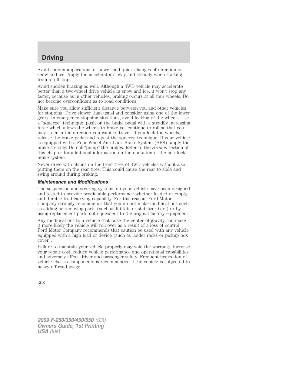 Maintenance and modifications, Driving | FORD 2009 F-550 v.1 User Manual | Page 308 / 418