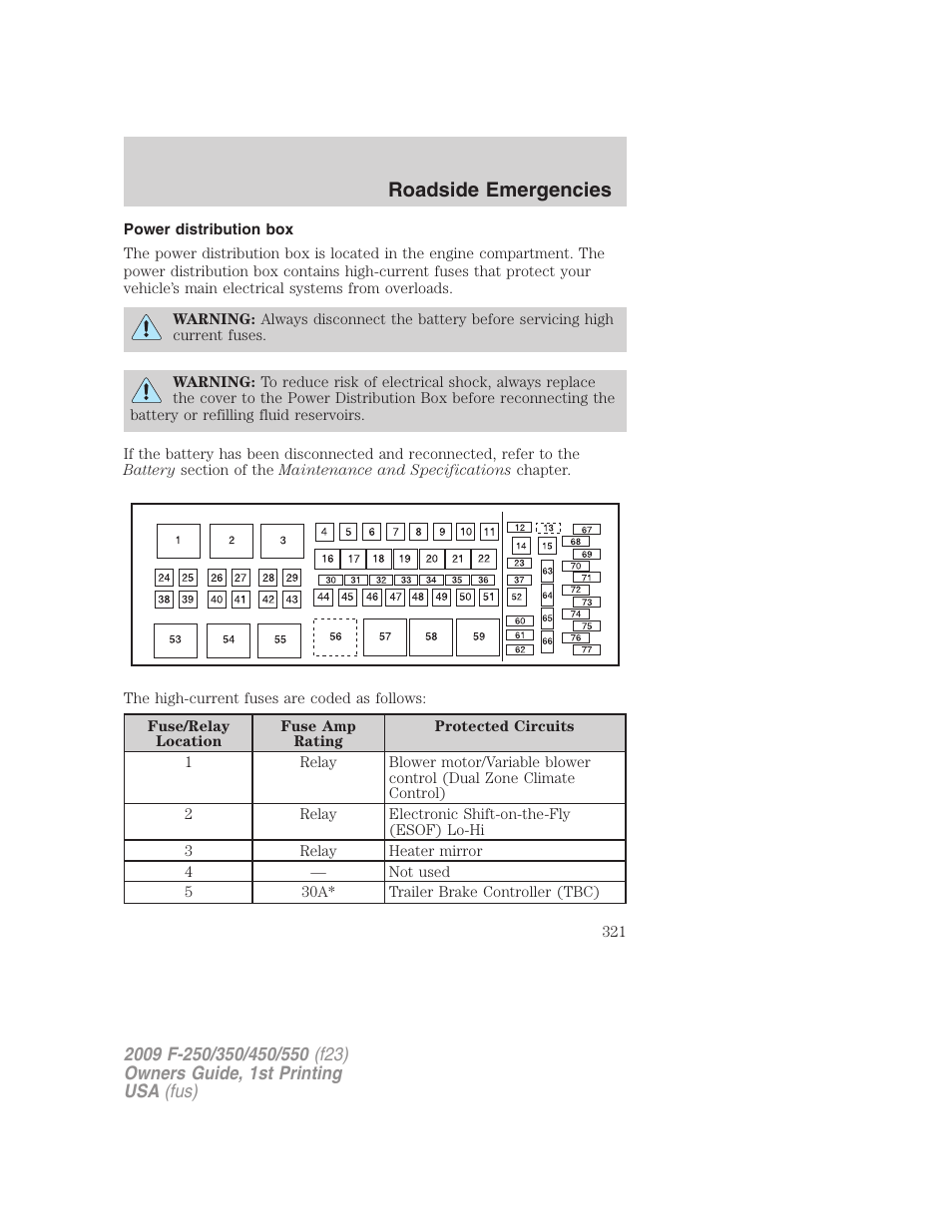 Power distribution box, Roadside emergencies | FORD 2009 F-550 v.1 User Manual | Page 321 / 418
