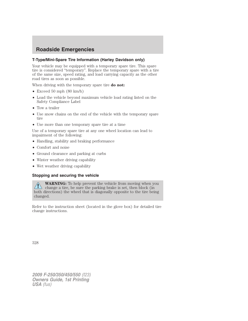 Stopping and securing the vehicle, Roadside emergencies | FORD 2009 F-550 v.1 User Manual | Page 328 / 418