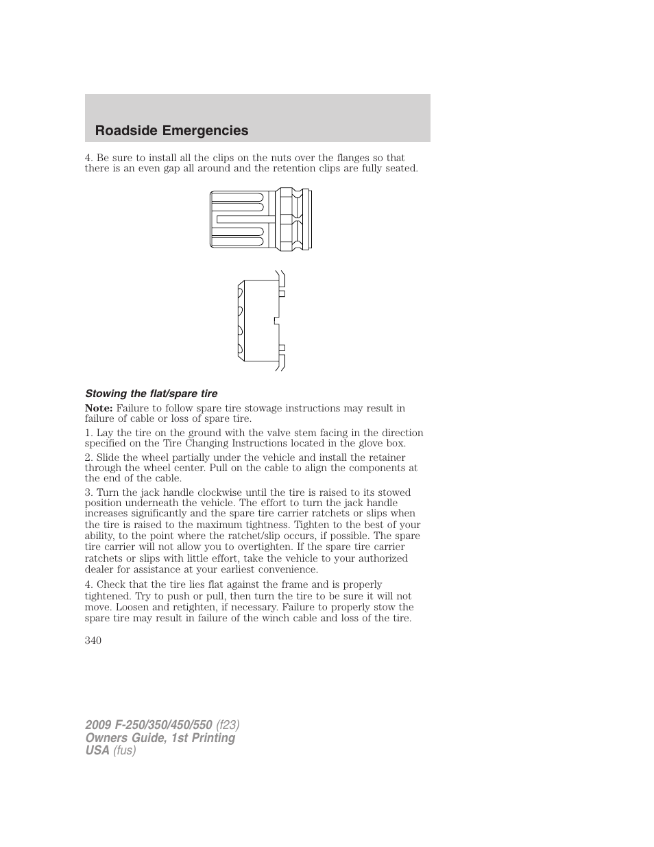 Stowing the flat/spare tire, Roadside emergencies | FORD 2009 F-550 v.1 User Manual | Page 340 / 418