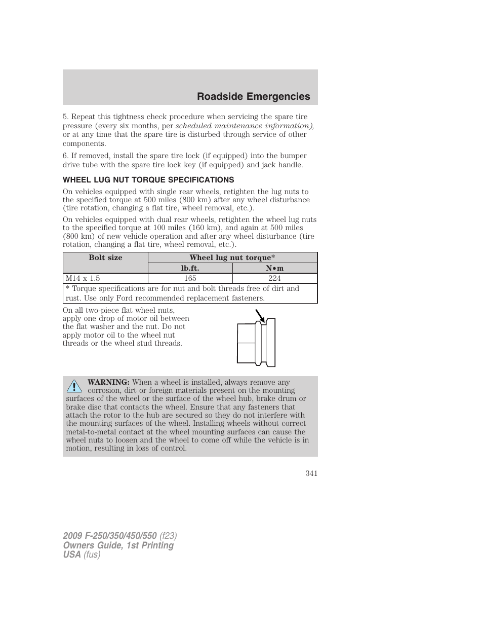 Wheel lug nut torque specifications, Wheel lug nut torque, Roadside emergencies | FORD 2009 F-550 v.1 User Manual | Page 341 / 418