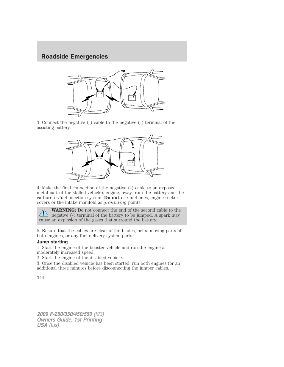 Jump starting, Roadside emergencies | FORD 2009 F-550 v.1 User Manual | Page 344 / 418