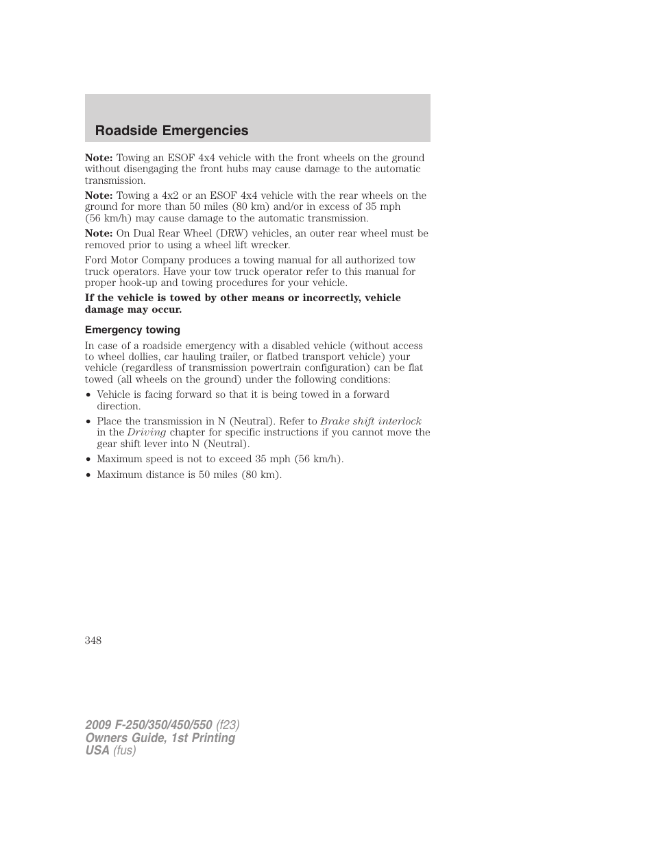 Emergency towing, Roadside emergencies | FORD 2009 F-550 v.1 User Manual | Page 348 / 418