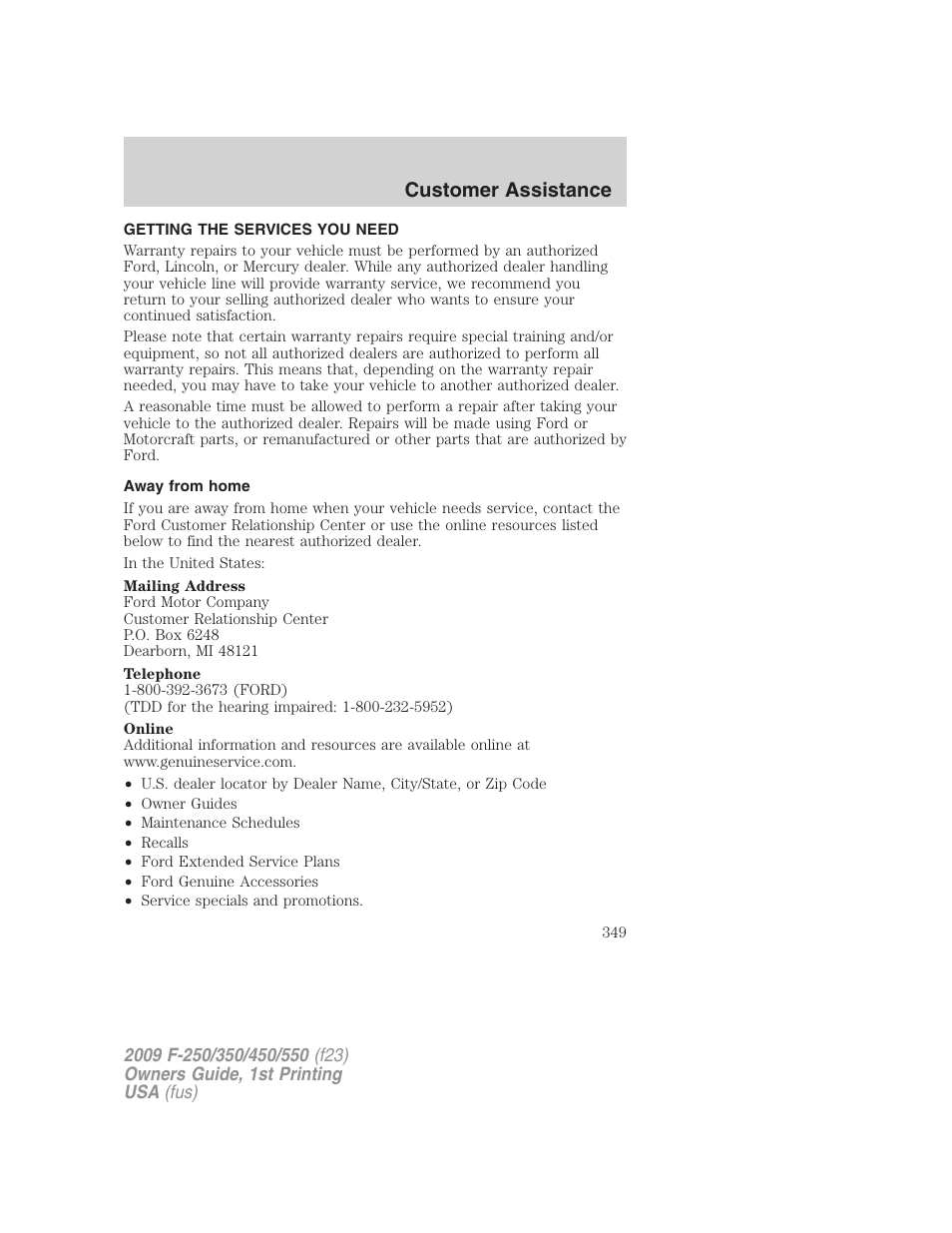 Customer assistance, Getting the services you need, Away from home | FORD 2009 F-550 v.1 User Manual | Page 349 / 418