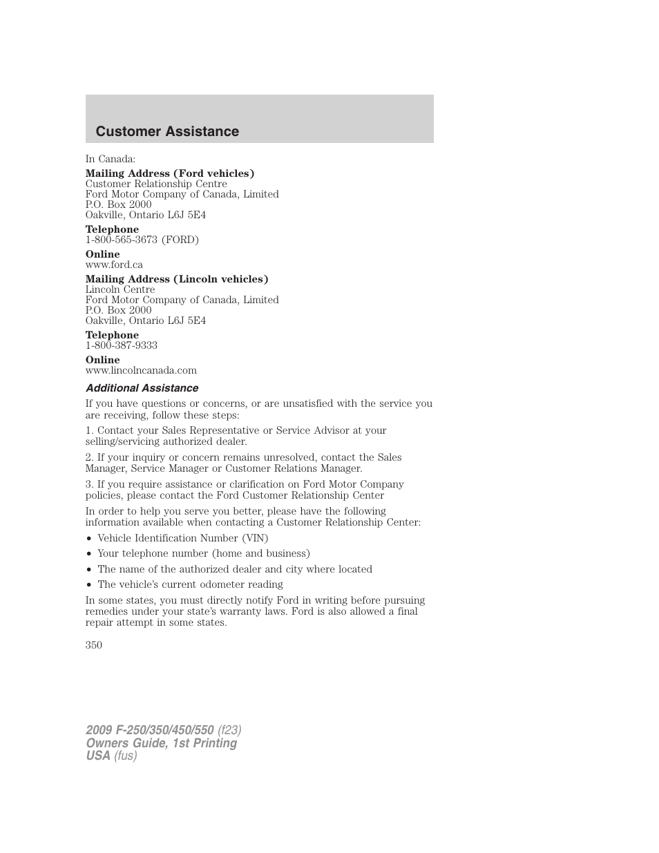 Additional assistance, Customer assistance | FORD 2009 F-550 v.1 User Manual | Page 350 / 418