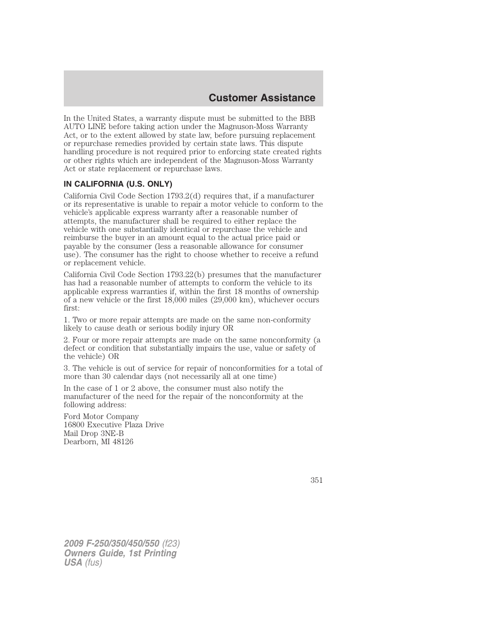In california (u.s. only), Customer assistance | FORD 2009 F-550 v.1 User Manual | Page 351 / 418