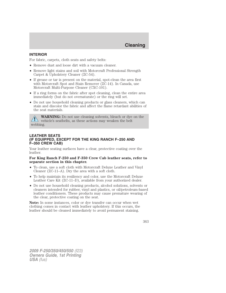 Interior, Cleaning | FORD 2009 F-550 v.1 User Manual | Page 363 / 418