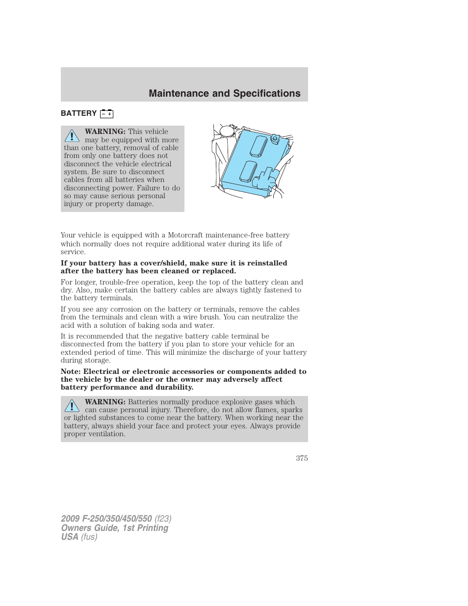 Battery, Maintenance and specifications | FORD 2009 F-550 v.1 User Manual | Page 375 / 418