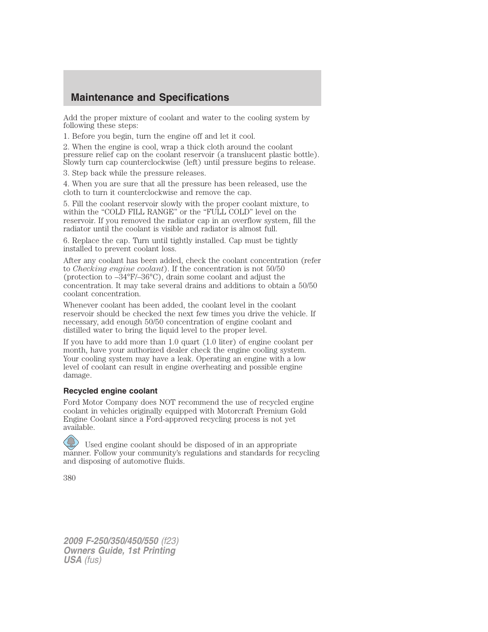 Recycled engine coolant, Maintenance and specifications | FORD 2009 F-550 v.1 User Manual | Page 380 / 418