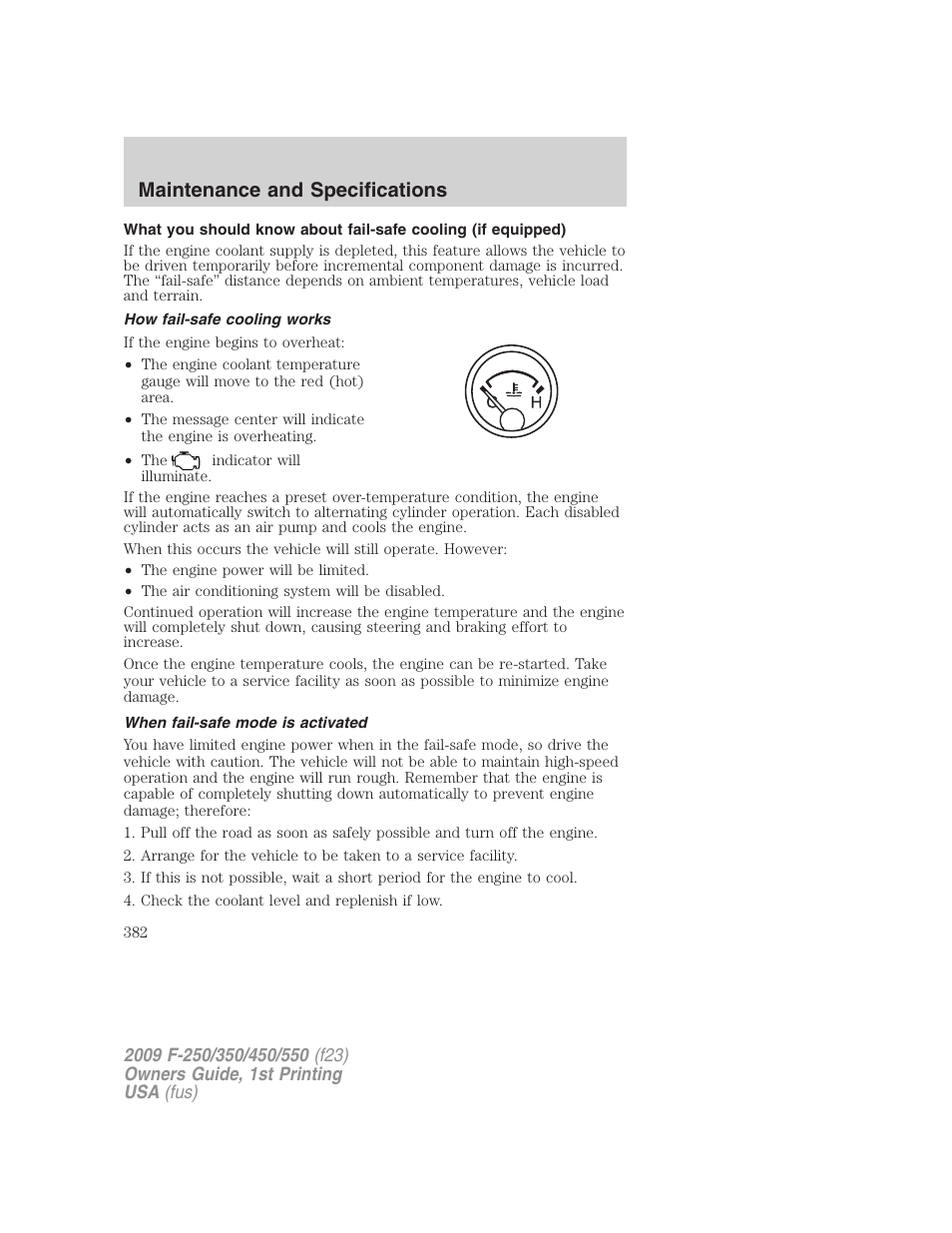 How fail-safe cooling works, When fail-safe mode is activated, Maintenance and specifications | FORD 2009 F-550 v.1 User Manual | Page 382 / 418