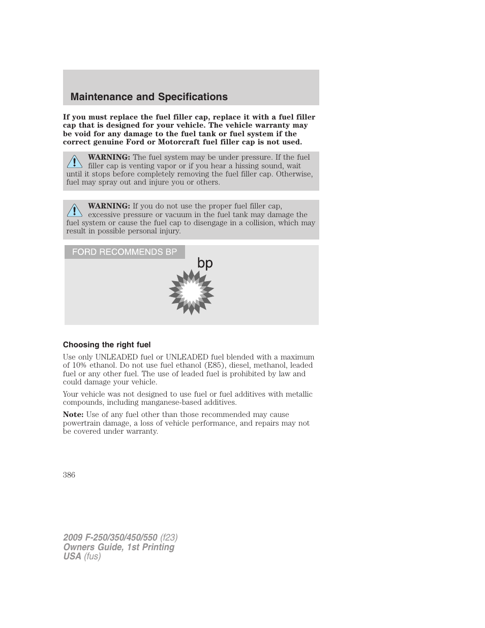 Choosing the right fuel, Maintenance and specifications | FORD 2009 F-550 v.1 User Manual | Page 386 / 418