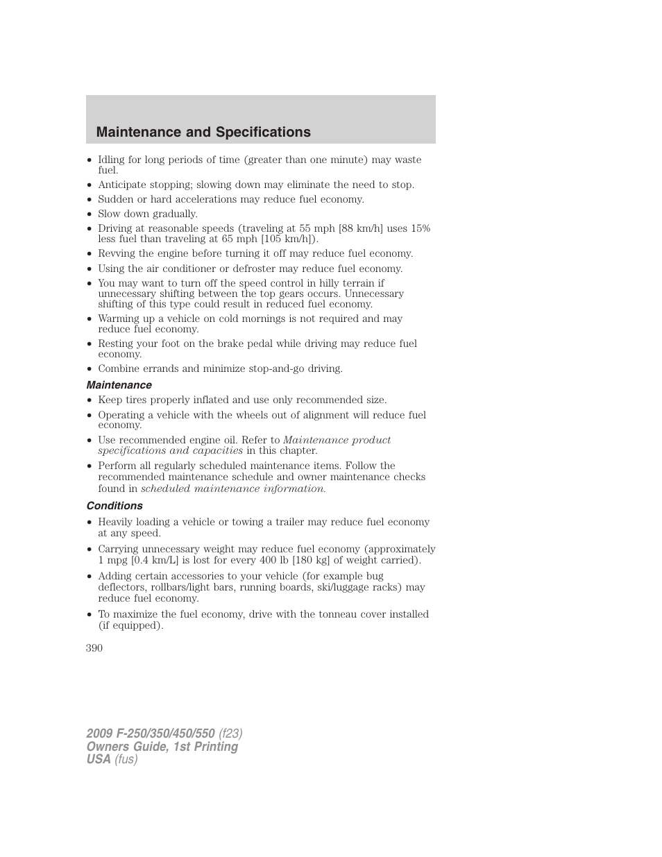 Maintenance, Conditions, Maintenance and specifications | FORD 2009 F-550 v.1 User Manual | Page 390 / 418