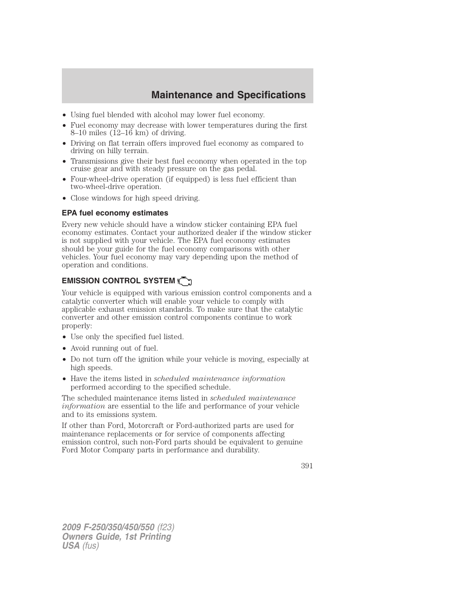 Epa fuel economy estimates, Emission control system, Maintenance and specifications | FORD 2009 F-550 v.1 User Manual | Page 391 / 418