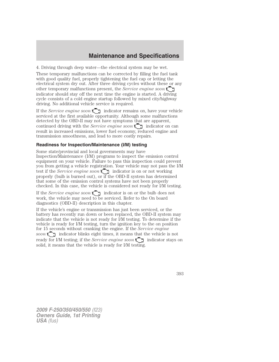 Readiness for inspection/maintenance (i/m) testing, Maintenance and specifications | FORD 2009 F-550 v.1 User Manual | Page 393 / 418