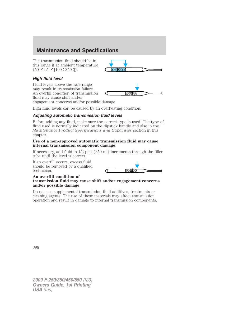 High fluid level, Adjusting automatic transmission fluid levels, Maintenance and specifications | FORD 2009 F-550 v.1 User Manual | Page 398 / 418