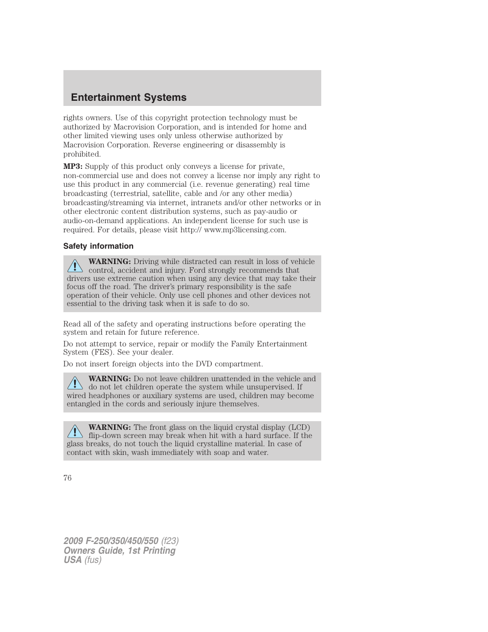 Safety information, Entertainment systems | FORD 2009 F-550 v.1 User Manual | Page 76 / 418