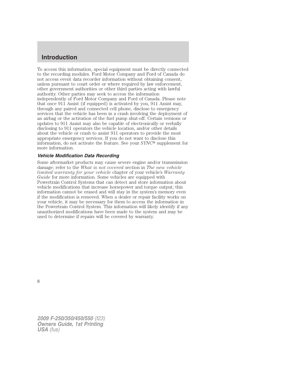 Vehicle modification data recording, Introduction | FORD 2009 F-550 v.1 User Manual | Page 8 / 418