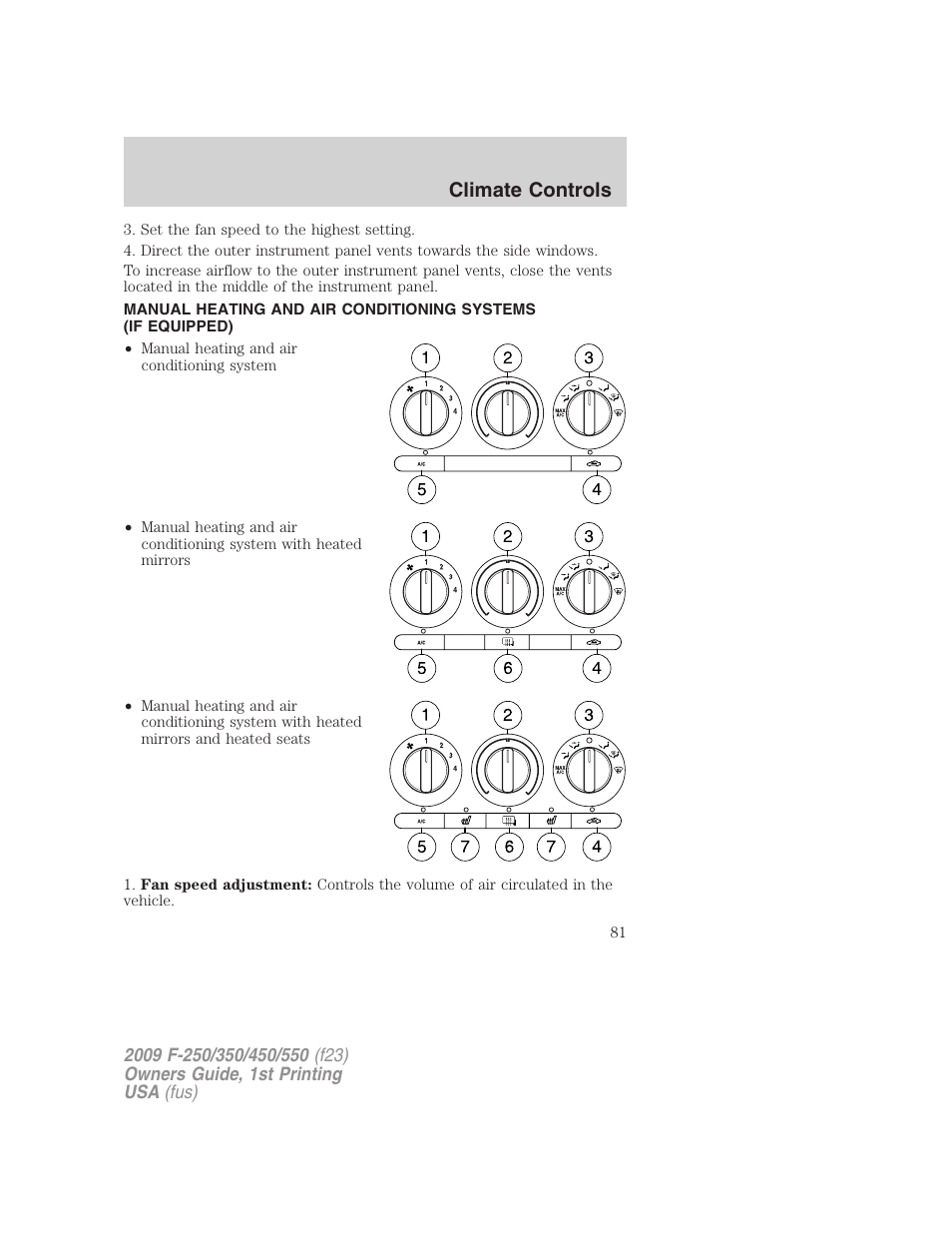 Manual heating and air conditioning, Climate controls | FORD 2009 F-550 v.1 User Manual | Page 81 / 418