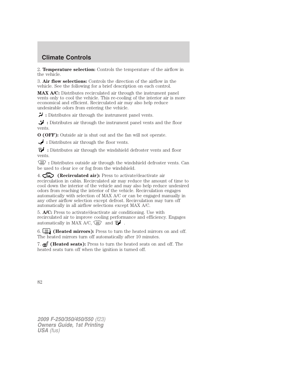 Climate controls | FORD 2009 F-550 v.1 User Manual | Page 82 / 418