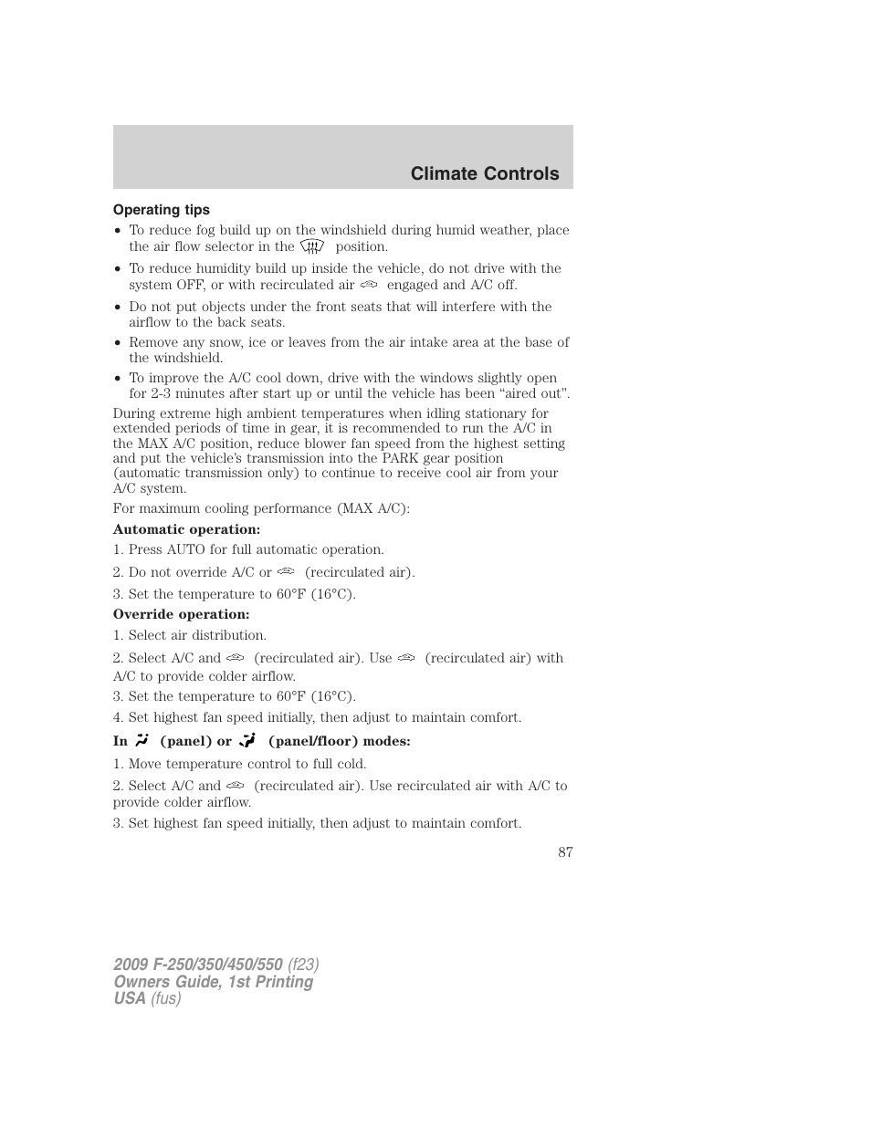 Operating tips, Climate controls | FORD 2009 F-550 v.1 User Manual | Page 87 / 418