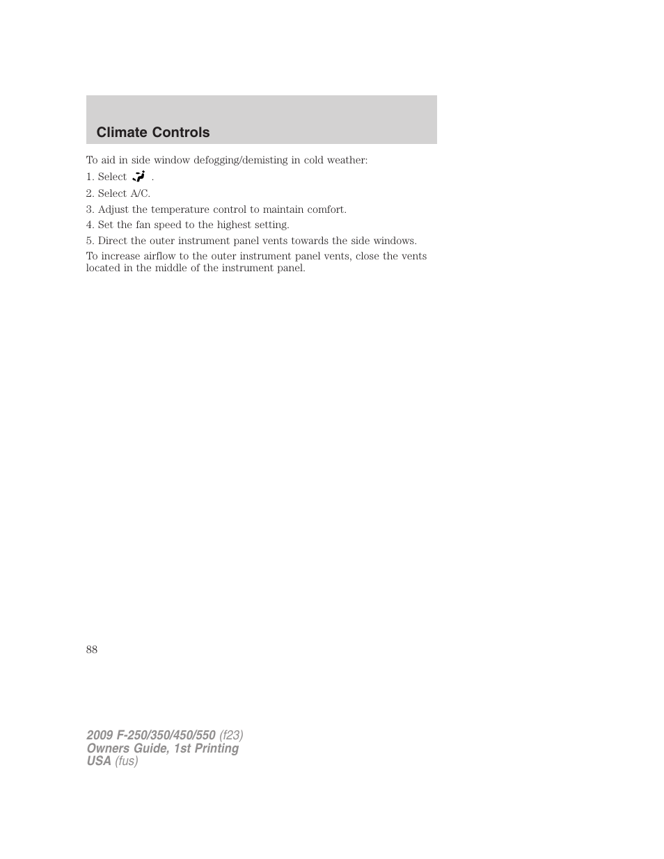 Climate controls | FORD 2009 F-550 v.1 User Manual | Page 88 / 418