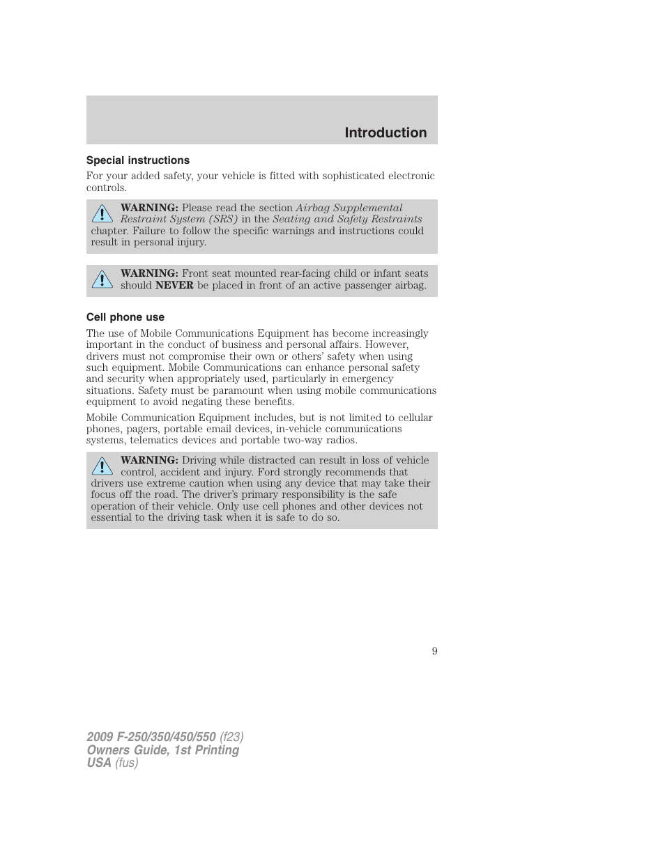 Special instructions, Cell phone use, Introduction | FORD 2009 F-550 v.1 User Manual | Page 9 / 418