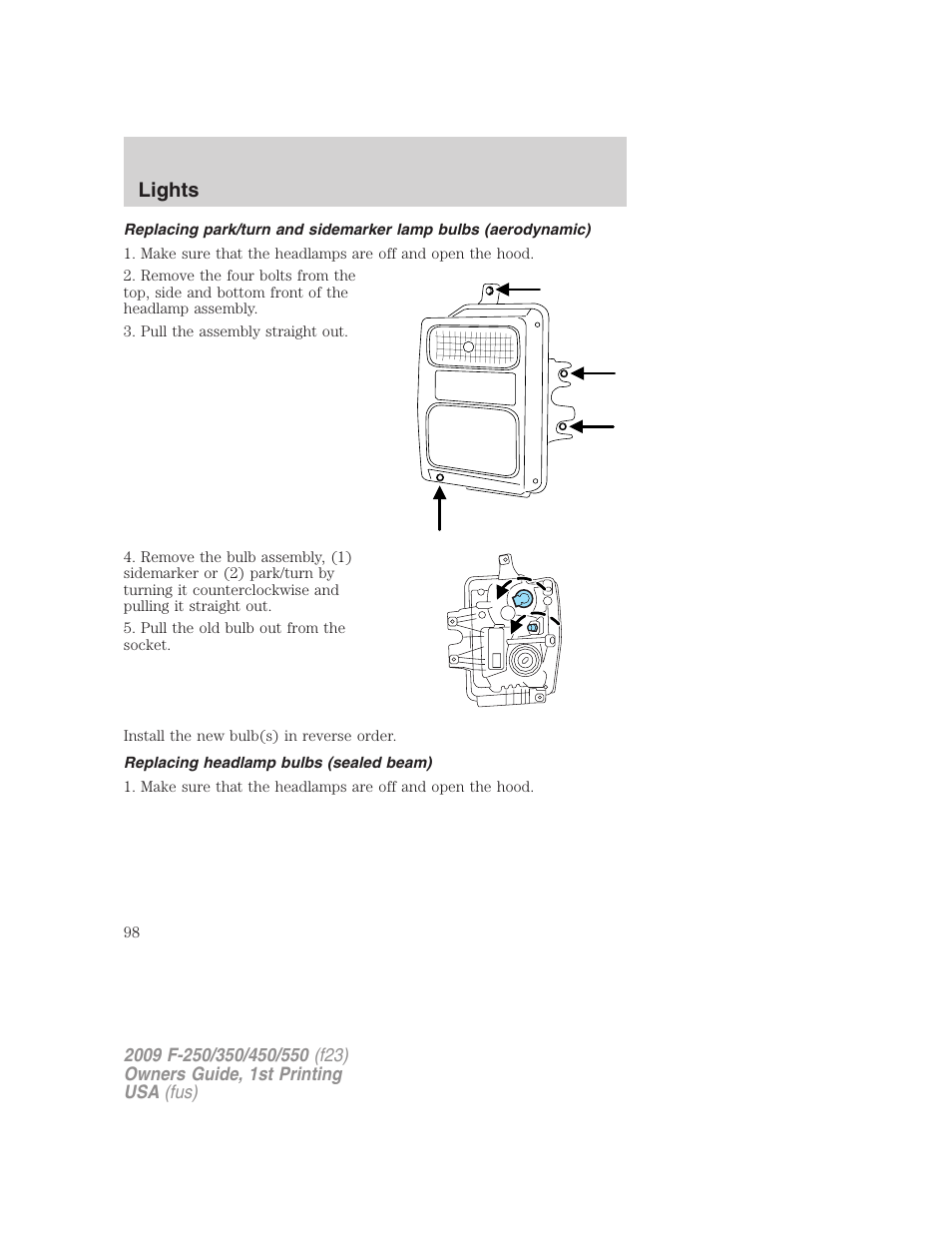 Replacing headlamp bulbs (sealed beam), Lights | FORD 2009 F-550 v.1 User Manual | Page 98 / 418