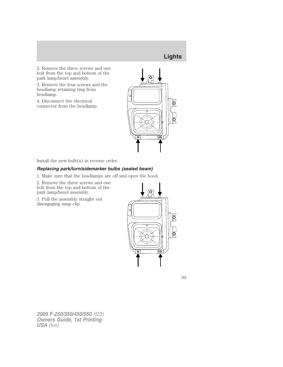 Replacing park/turn/sidemarker bulbs (sealed beam), Lights | FORD 2009 F-550 v.1 User Manual | Page 99 / 418