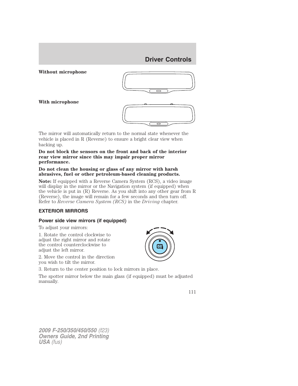 Exterior mirrors, Power side view mirrors (if equipped), Driver controls | FORD 2009 F-550 v.2 User Manual | Page 111 / 419