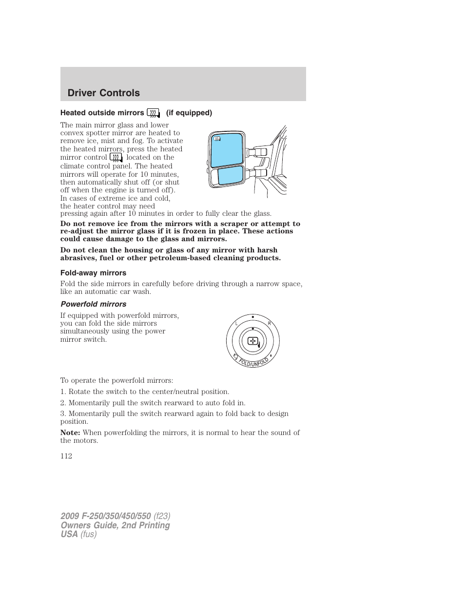 Heated outside mirrors (if equipped), Fold-away mirrors, Powerfold mirrors | Driver controls | FORD 2009 F-550 v.2 User Manual | Page 112 / 419