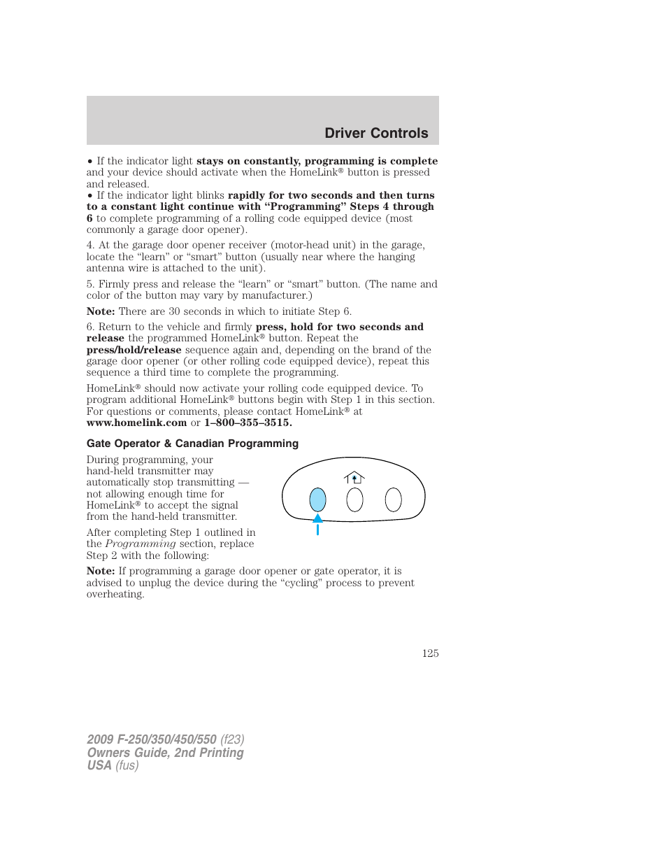 Gate operator & canadian programming, Driver controls | FORD 2009 F-550 v.2 User Manual | Page 125 / 419