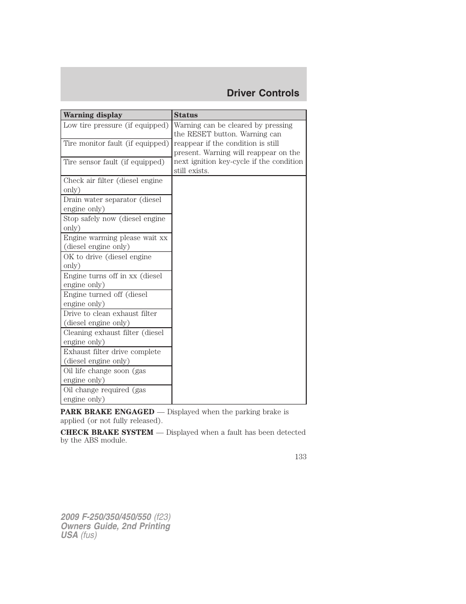 Driver controls | FORD 2009 F-550 v.2 User Manual | Page 133 / 419