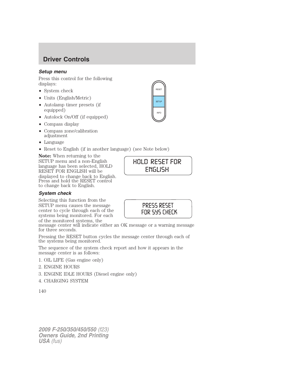 Setup menu, System check, Driver controls | FORD 2009 F-550 v.2 User Manual | Page 140 / 419