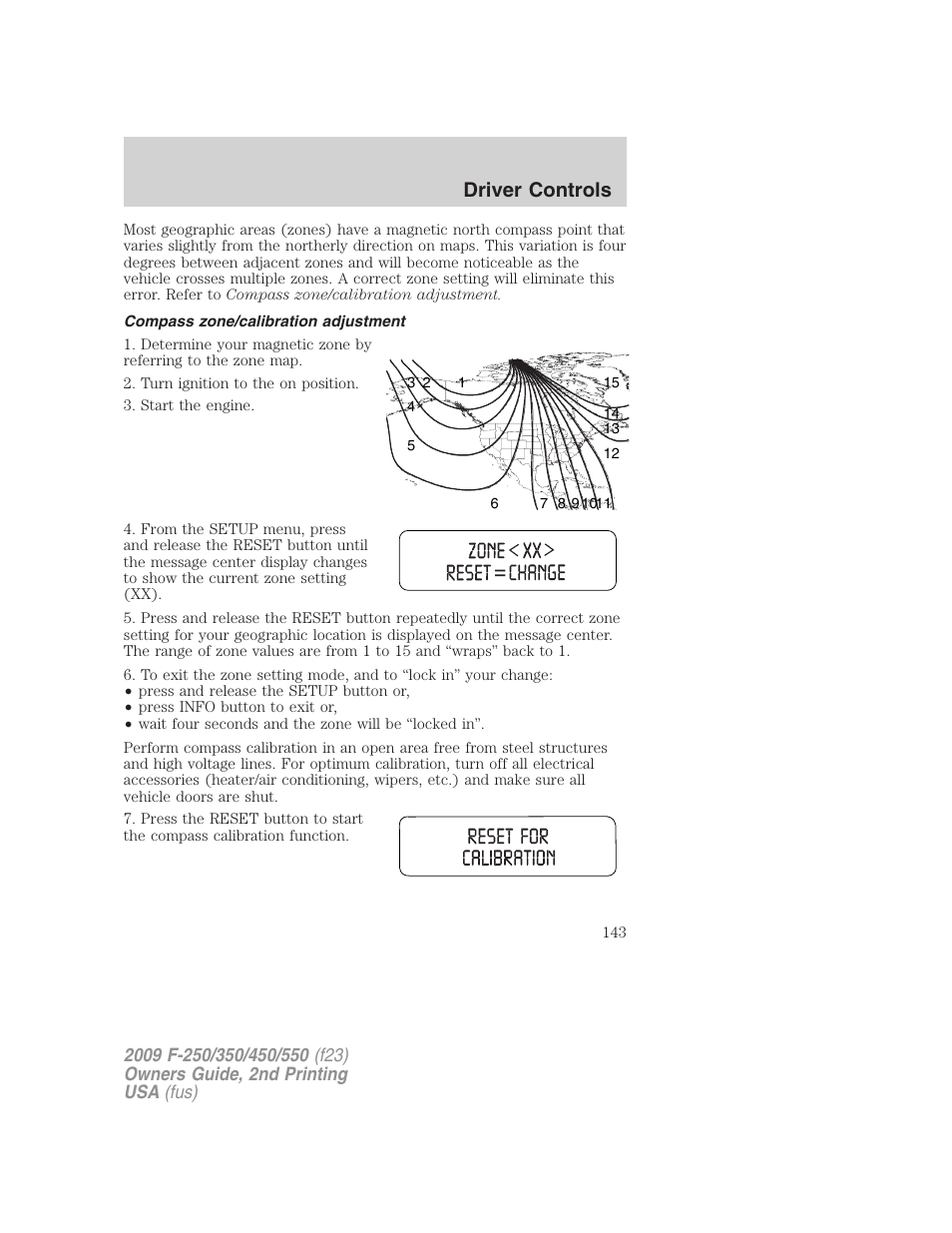 Compass zone/calibration adjustment, Driver controls | FORD 2009 F-550 v.2 User Manual | Page 143 / 419