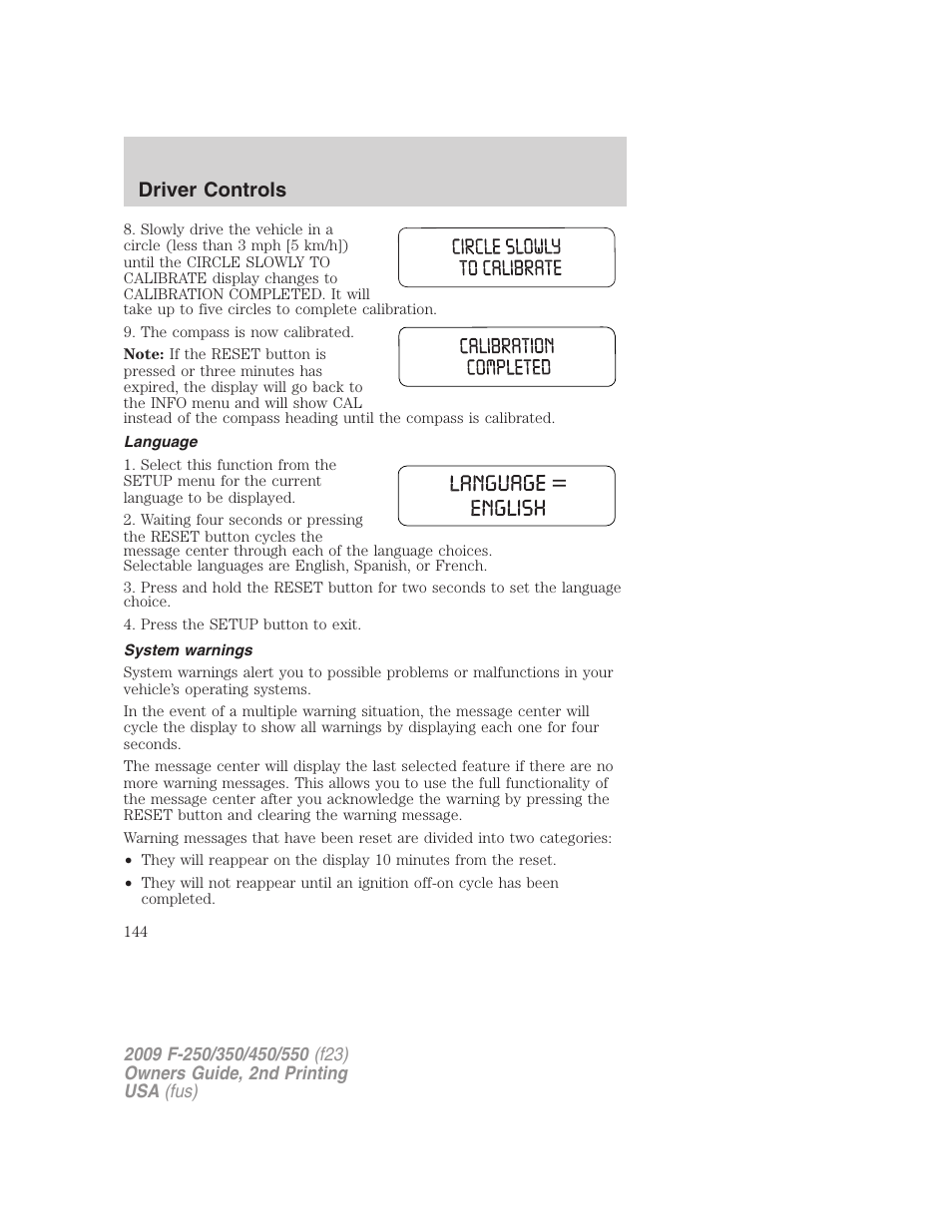 Language, System warnings, Driver controls | FORD 2009 F-550 v.2 User Manual | Page 144 / 419