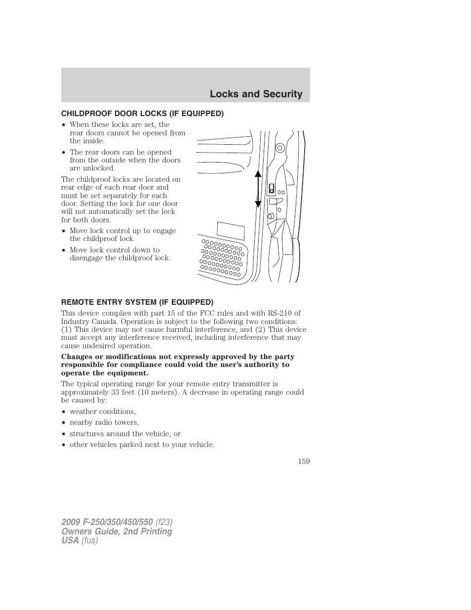 Childproof door locks (if equipped), Remote entry system (if equipped), Locks and security | FORD 2009 F-550 v.2 User Manual | Page 159 / 419