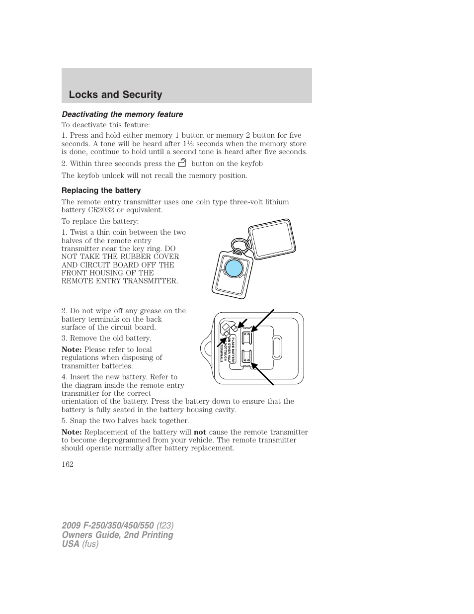Deactivating the memory feature, Replacing the battery, Locks and security | FORD 2009 F-550 v.2 User Manual | Page 162 / 419