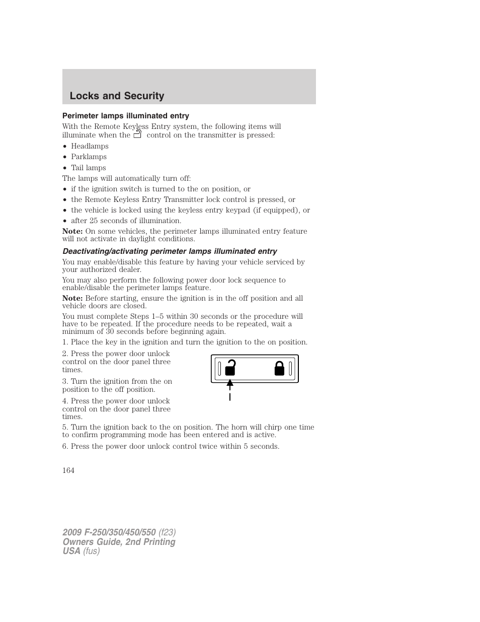 Perimeter lamps illuminated entry, Locks and security | FORD 2009 F-550 v.2 User Manual | Page 164 / 419