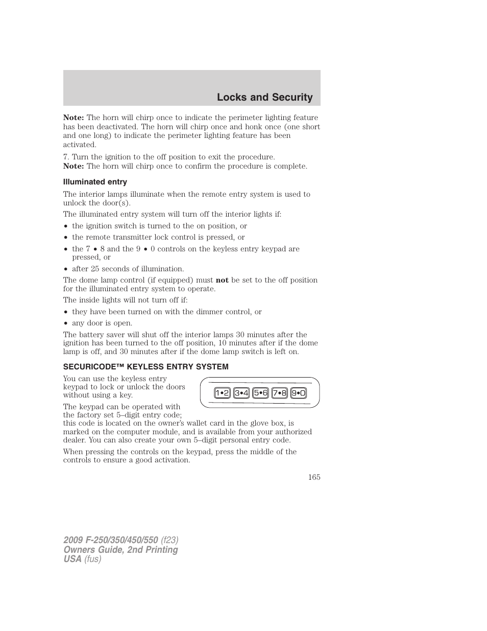 Illuminated entry, Securicode™ keyless entry system, Locks and security | FORD 2009 F-550 v.2 User Manual | Page 165 / 419