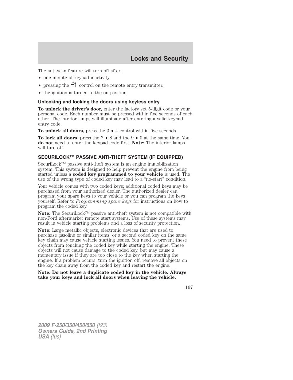 Anti-theft system, Locks and security | FORD 2009 F-550 v.2 User Manual | Page 167 / 419
