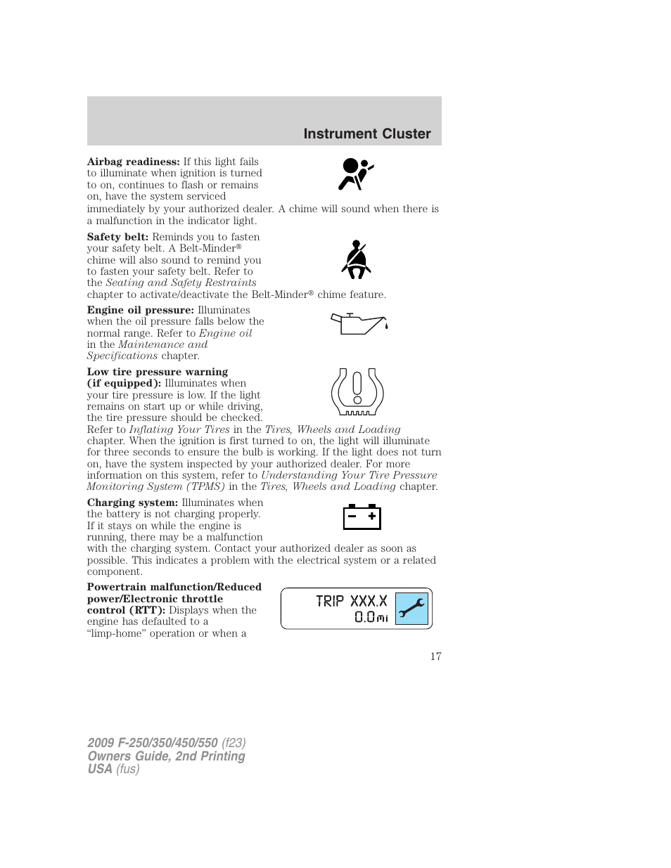 Instrument cluster | FORD 2009 F-550 v.2 User Manual | Page 17 / 419