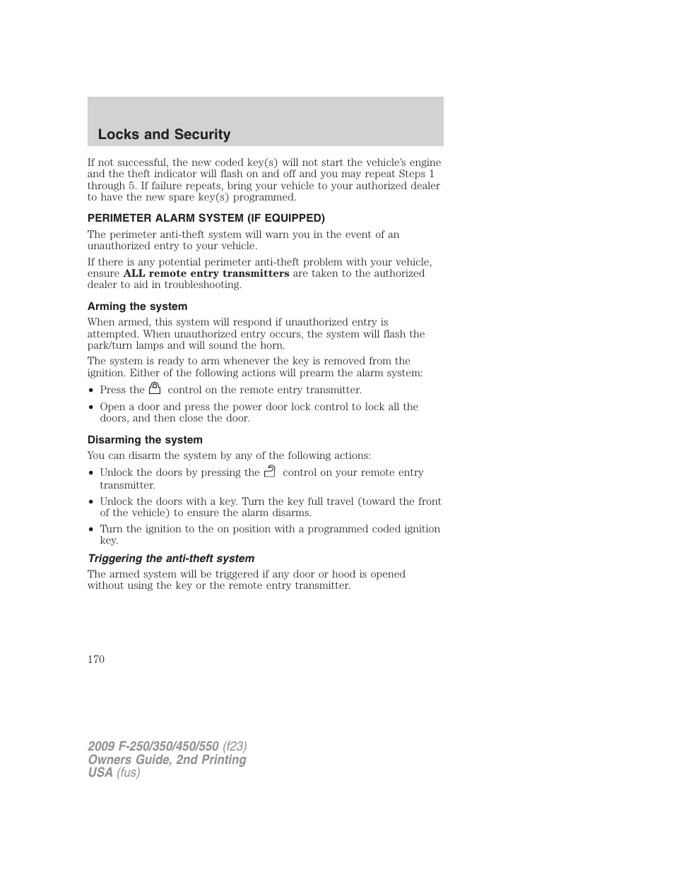 Perimeter alarm system (if equipped), Arming the system, Disarming the system | Triggering the anti-theft system, Locks and security | FORD 2009 F-550 v.2 User Manual | Page 170 / 419
